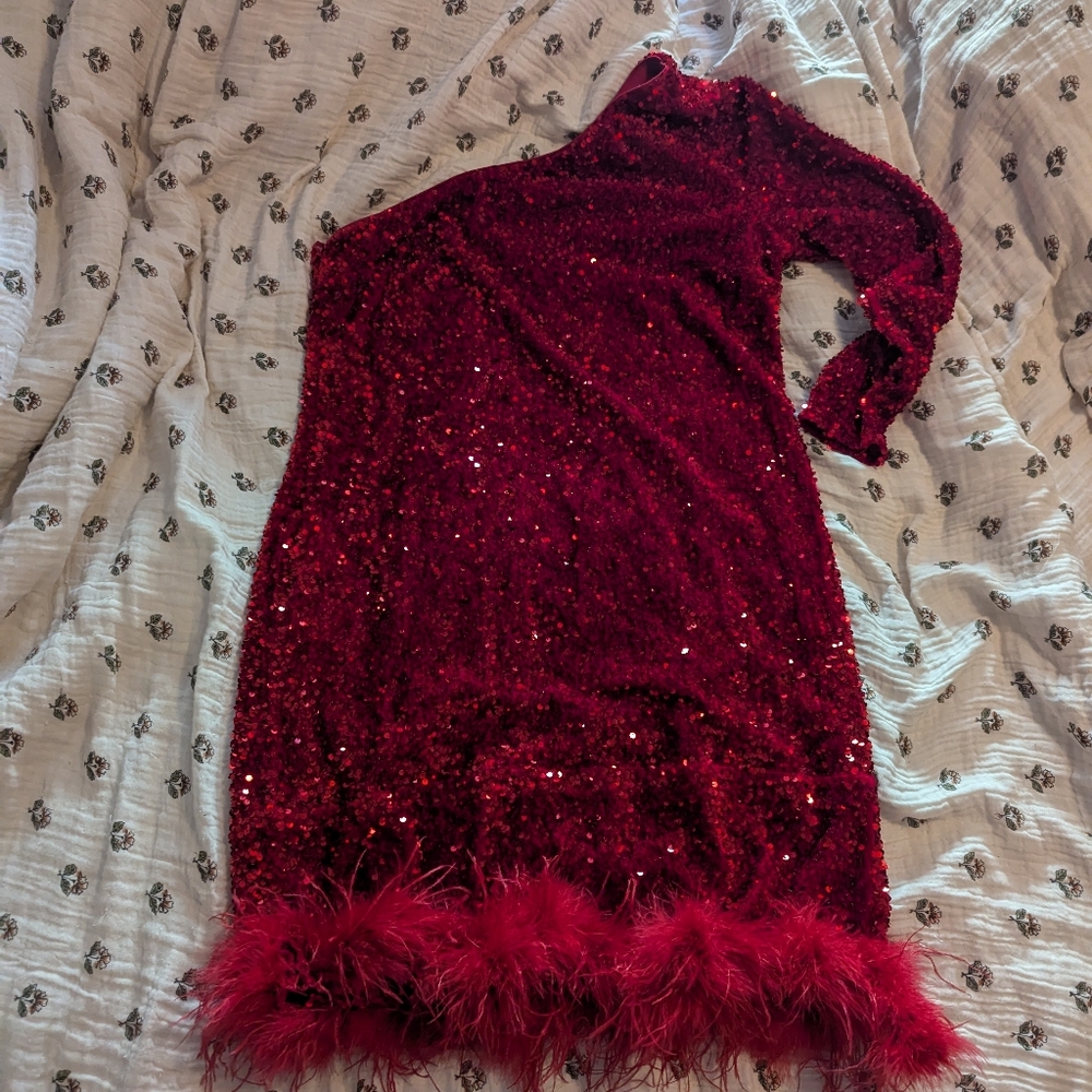 Fashion Nova Red Sparkle One-Sleeve Plus Size Dress.